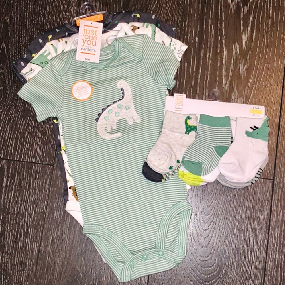 Baby Boys’ Dino 3pk Bodysuits & 6pk Socks